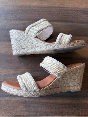 Spanish Andre Assous Natural Raffia Double-Strap Wedge Sandals